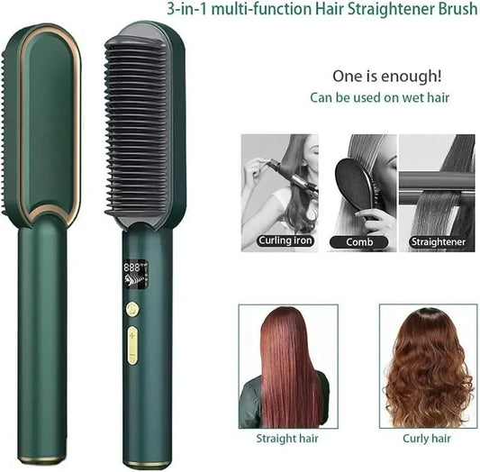 Corded Electric Hair Straightener Brush – Fast Heating Hair Styling Tool (Green)
