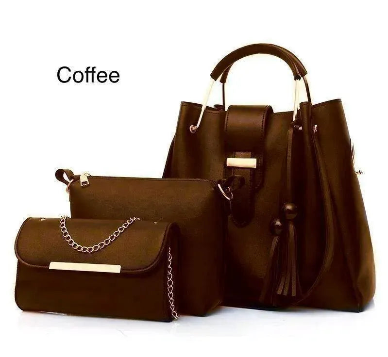 Women's 3-Piece PU Leather Coffee Handbag Set – Stylish Shoulder Bag Collection