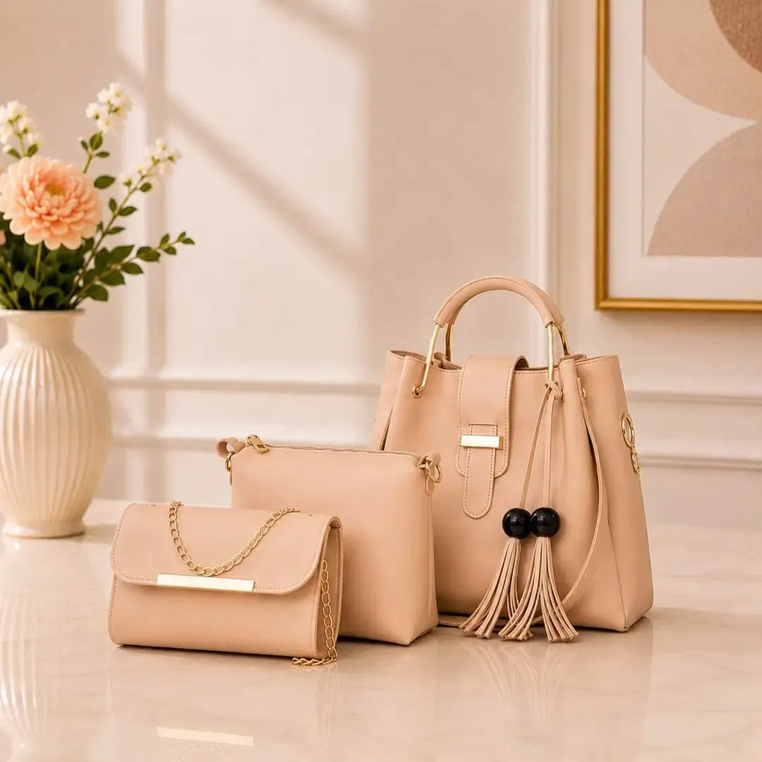 Women's 3-Piece PU Leather Coffee Handbag Set – Stylish Shoulder Bag Collection