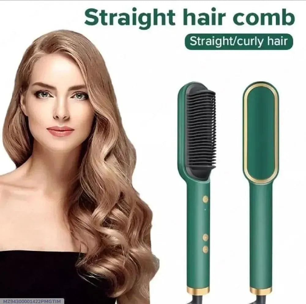 Corded Electric Hair Straightener Brush – Fast Heating Hair Styling Tool (Green)