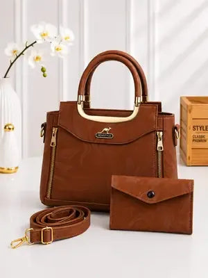 Women's Premium Leather Plain Handbag Set – 3 Piece Shoulder Bag with Wallet & Pouch | Peach & Brown