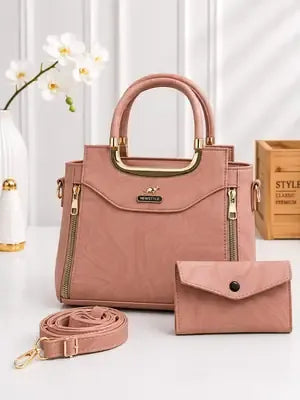 Women's Premium Leather Plain Handbag Set – 3 Piece Shoulder Bag with Wallet & Pouch | Peach & Brown